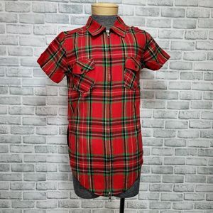 Homme + Femme Mens M Saint‎ Cut Red Tartan Plaid Dbl Zip Shirt Short Sleeve NEW